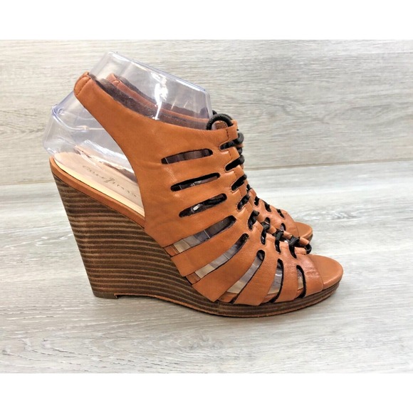 Cole Haan Sky Caged Womens Sandal 7.5 Brown Leather Wedge‎ Heel Gladiator Shoes
